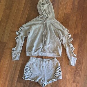Alo taupe colored Hoodie and Shorts Set with Cutout Sleeves